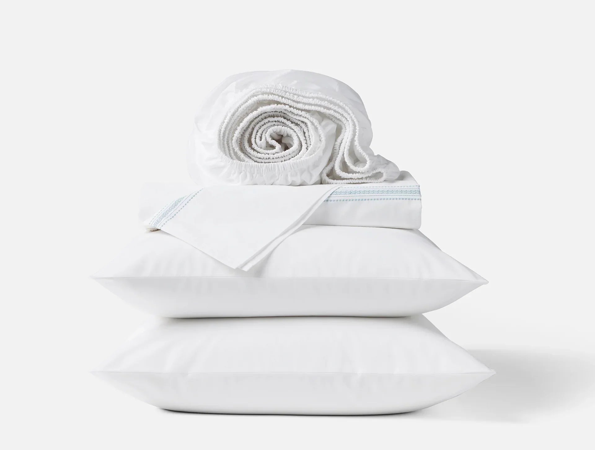 Coyuchi Alpine White w Pacific Blue Landscape Embroidered Organic Sheet Set