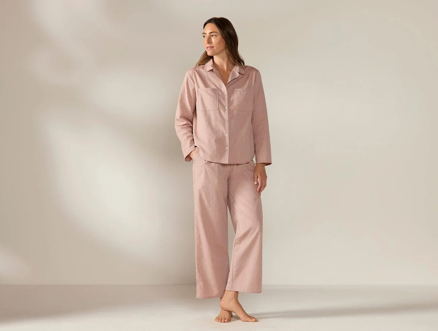 Coyuchi Large Praline Chambray Women's Isla Organic Cotton Long Sleeve Pajama Set