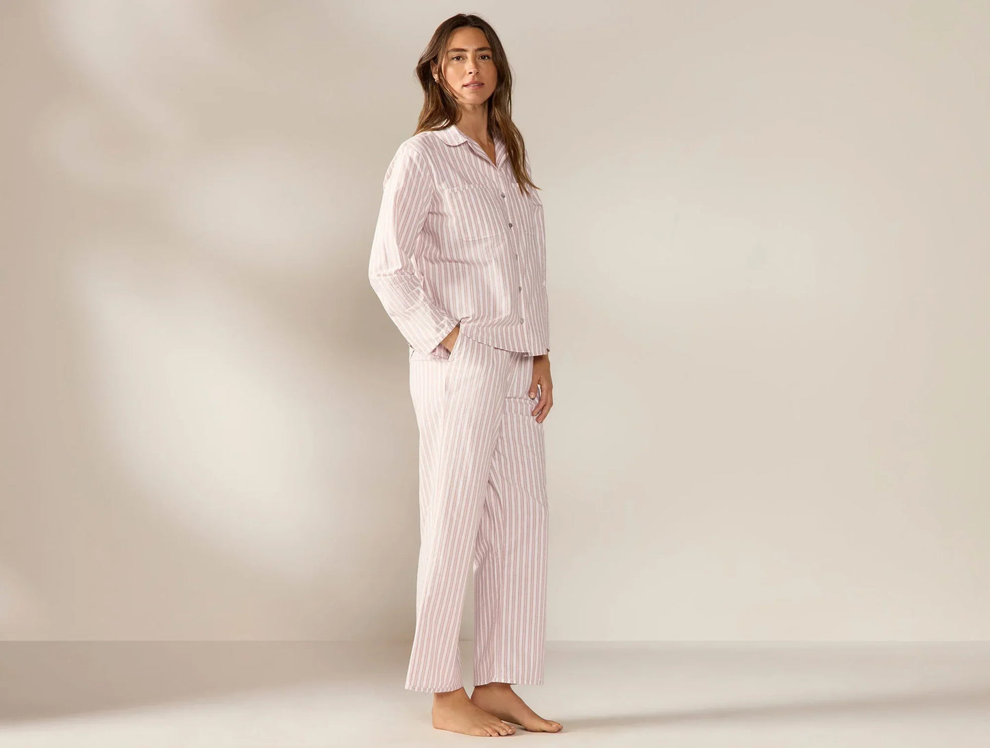 Coyuchi Large Praline Stripe Women's Isla Organic Cotton Long Sleeve Pajama Set