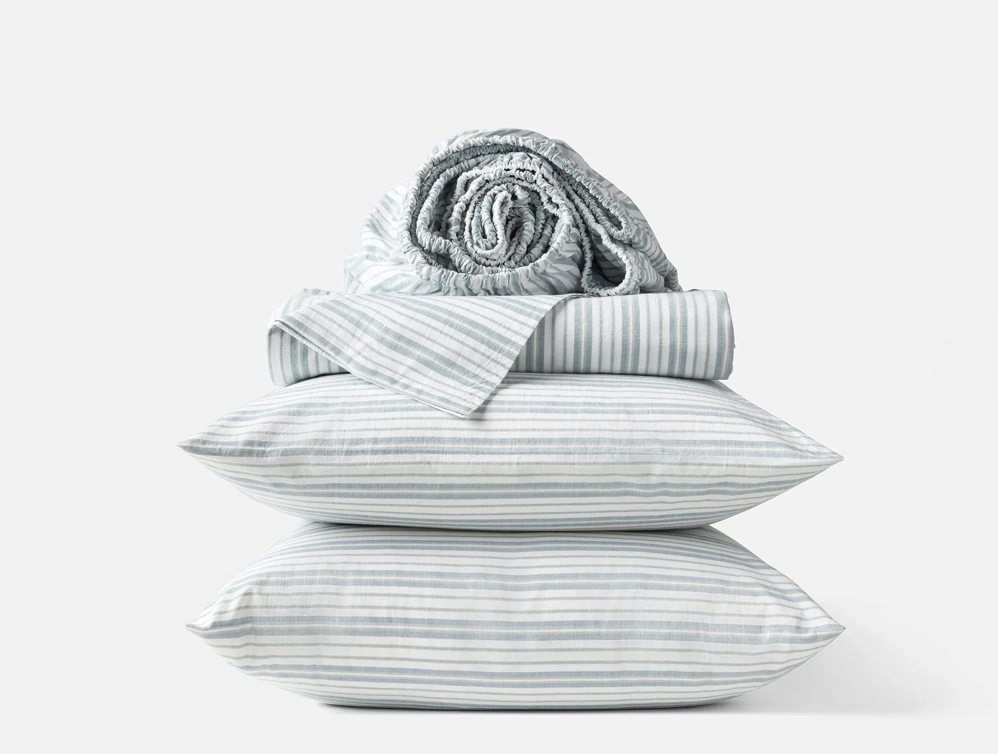 Coyuchi Twin Pacific Blue Stripe Organic Crinkled Percale Sheet Set